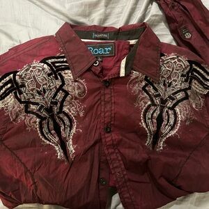 Roar Maroon Embroidered Button-Up